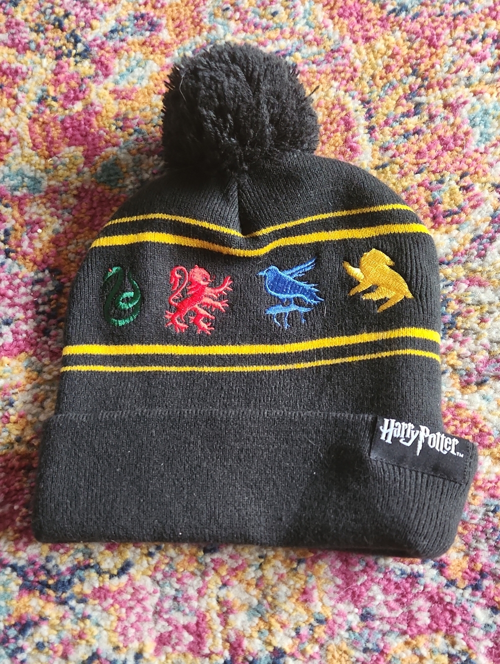 Harry Potter Black Pom Pom Beanie with House Embroideries